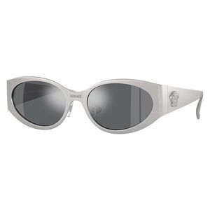 Versace Sunglasses Oval Full Rim, Matte Silver Frame and Light Grey Mirrored